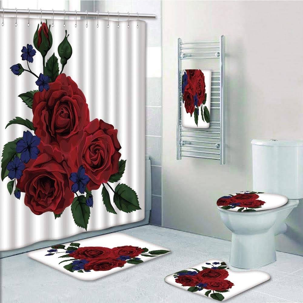 PRTAU Rose Blooming Red Roses with Gentle Wild Flowers Leaves Bouquet Corsage 5 Pcs Bath Curtain Towel Rug Contour Mat Toilet Li PVM1_P9QBA89