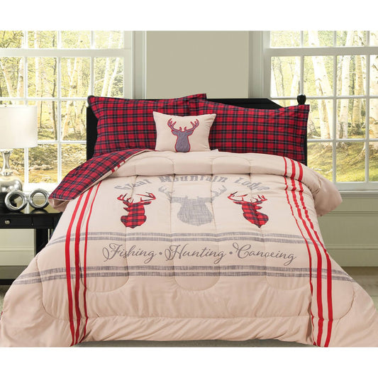 Aubrie Home Accents Hunting Fishing King Comforter Bedding Set, Deer Rustic Lodge Buffalo Plaid, Tan Red RGX1_D2UBR99