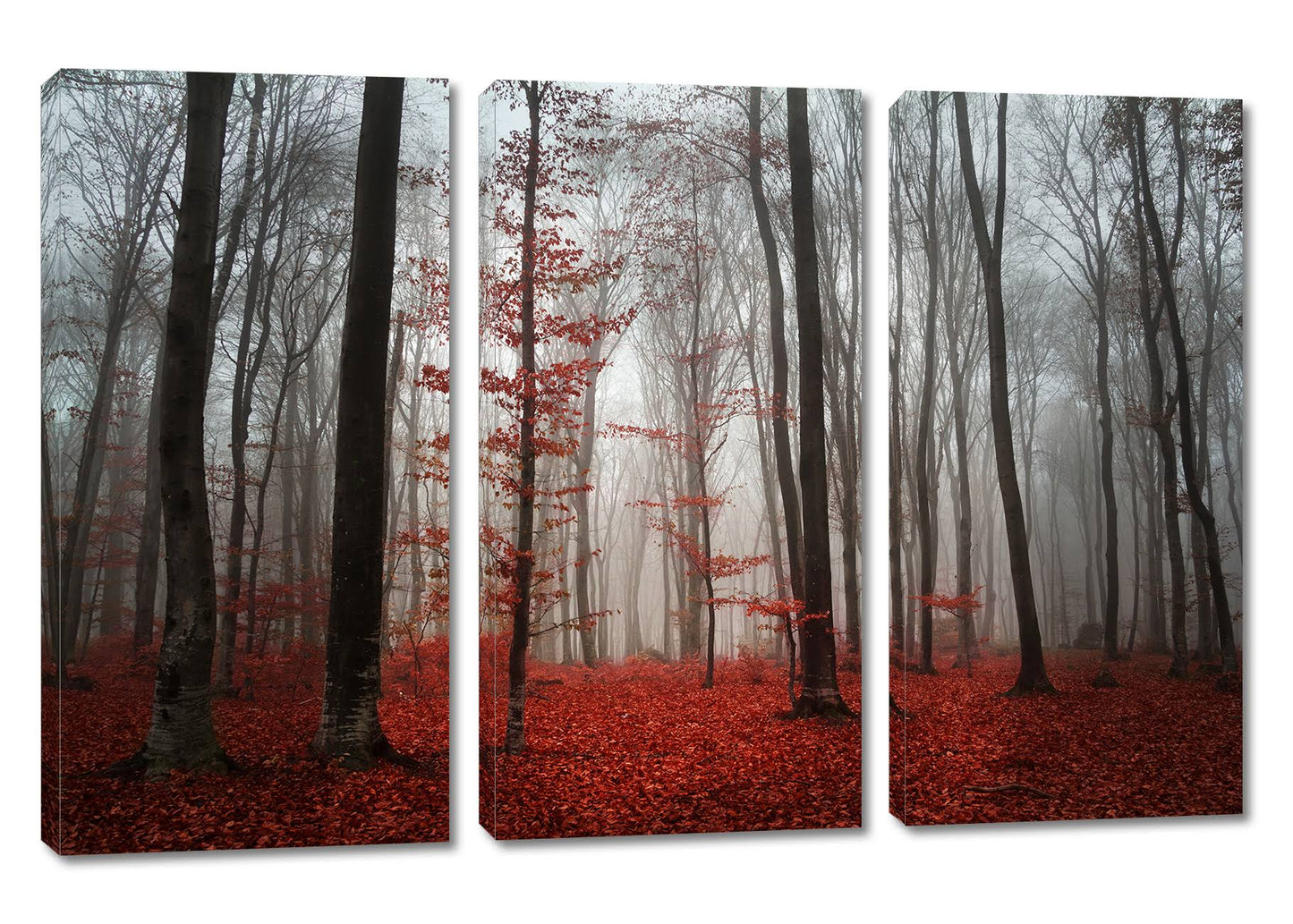 48 x 32 - Red Forest Mist Canvas Print - 3 Panel Split, Triptych Wall Art for Interior Design, Room Wall Decor UVY8_L6NPF39