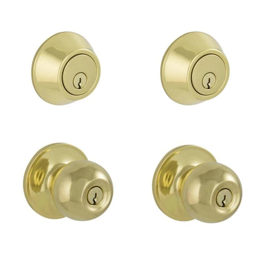 Essentials by Schlage Bright Brass Single Cylinder Deadbolt and Morrow Keyed Entry Knob Project Pack 098897 CNO2_N7GNW97