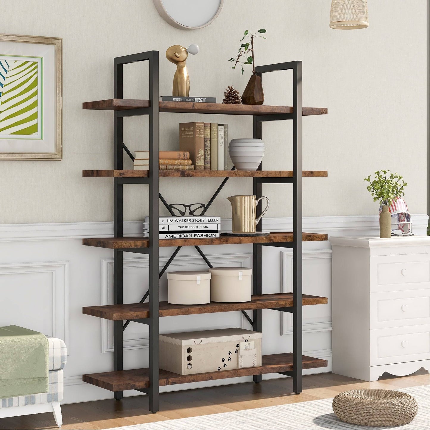 5-Tier Industrial Bookcase Shelf with Rustic Wood  Metal Frame(Brown) - Rustic Brown YBG4_H9LBX86