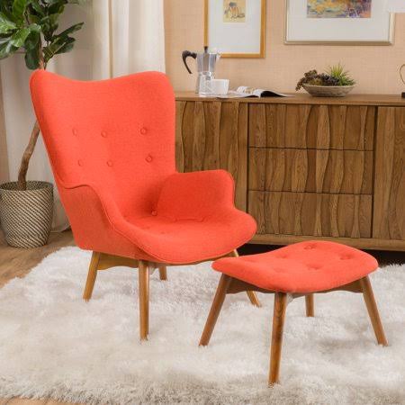 Noble House Henley Mid-Century Modern Wingback Fabric Chair and Ottoman Set, Muted Orange and Brown EDA1_Z4CLB86