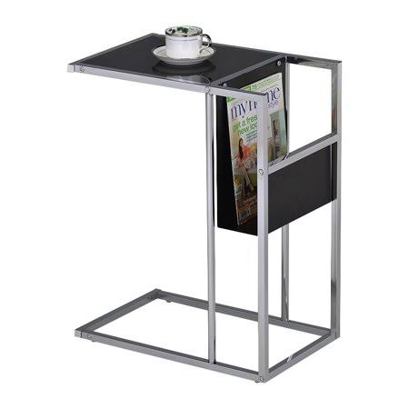 Pilaster Designs Nahoko Black Glass  Chrome Accent Side Snack Display Table with Magazine Rack Storage TMT2_Y9BQF25