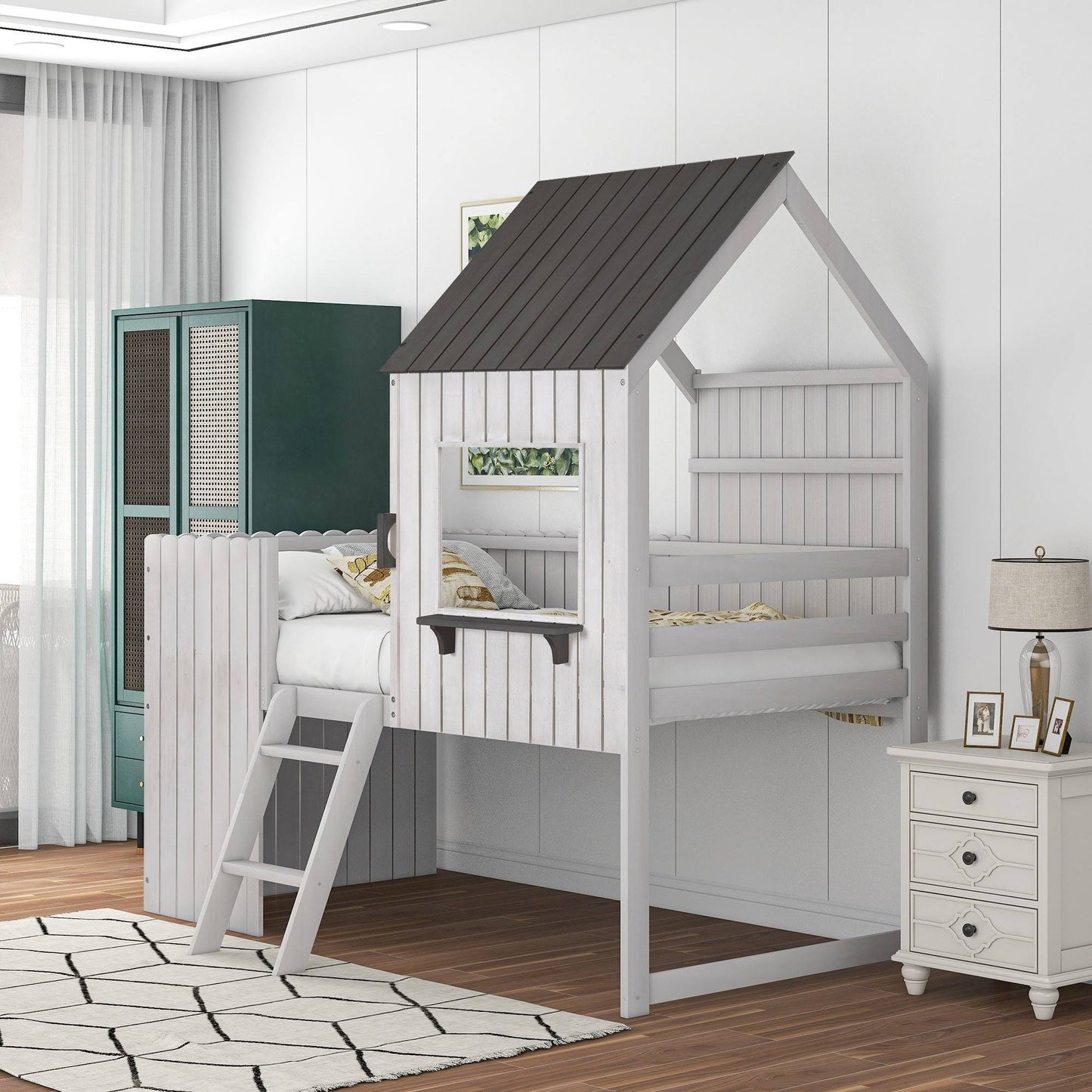 Twin Size Loft Bed Wood Bed with ROOF, WINDOW, Guardrail, Ladder - White WNS3_C9MYF69