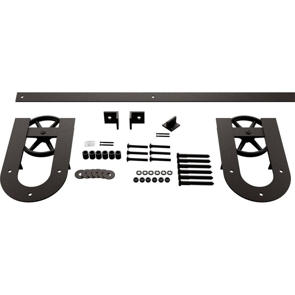 Premium Wagon Wheel Horseshoe Barn Door Hardware Set w/ 8& Track for 2 1/4 inch Doors, Matte Black, Size: Track Length: 96 inch ACM0_L6AMP98