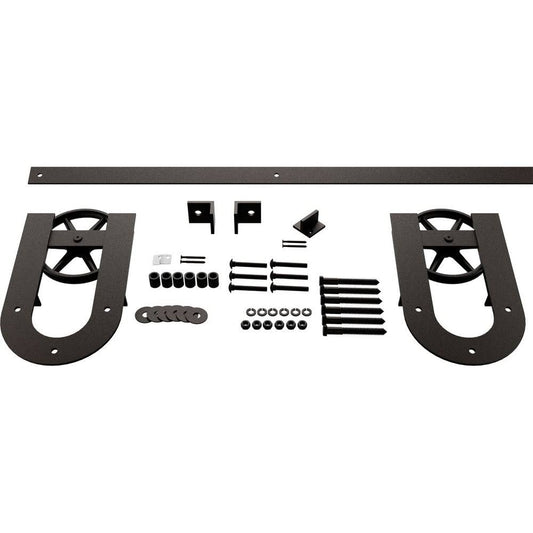 Premium Wagon Wheel Horseshoe Barn Door Hardware Set w/ 8& Track for 2 1/4 inch Doors, Matte Black, Size: Track Length: 96 inch ACM0_L6AMP98