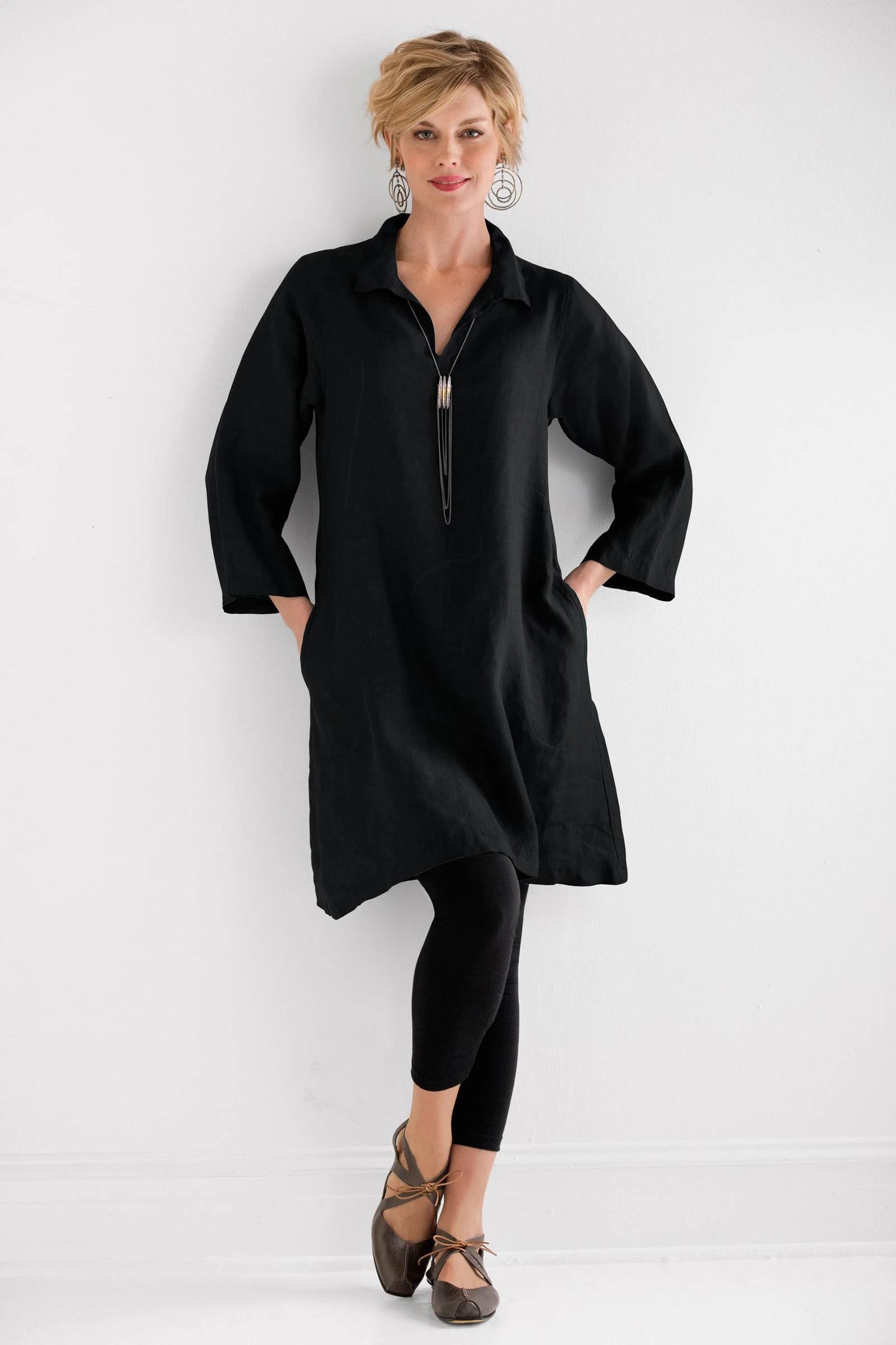 Collared Long Tunic by Carol Turner - Black, S (6-8) (Linen Tunic) LCV0_B8EWD62