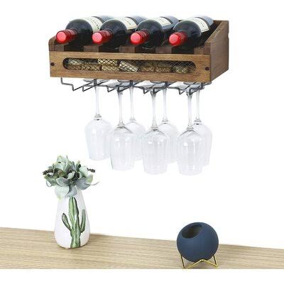 Wall Mounted Wooden Wine Rack 4 Wine Bottles and 4 Long Stem Glasses Holder Wine Cork Storage Rack Gracie Oaks SIW0_M1ILQ89