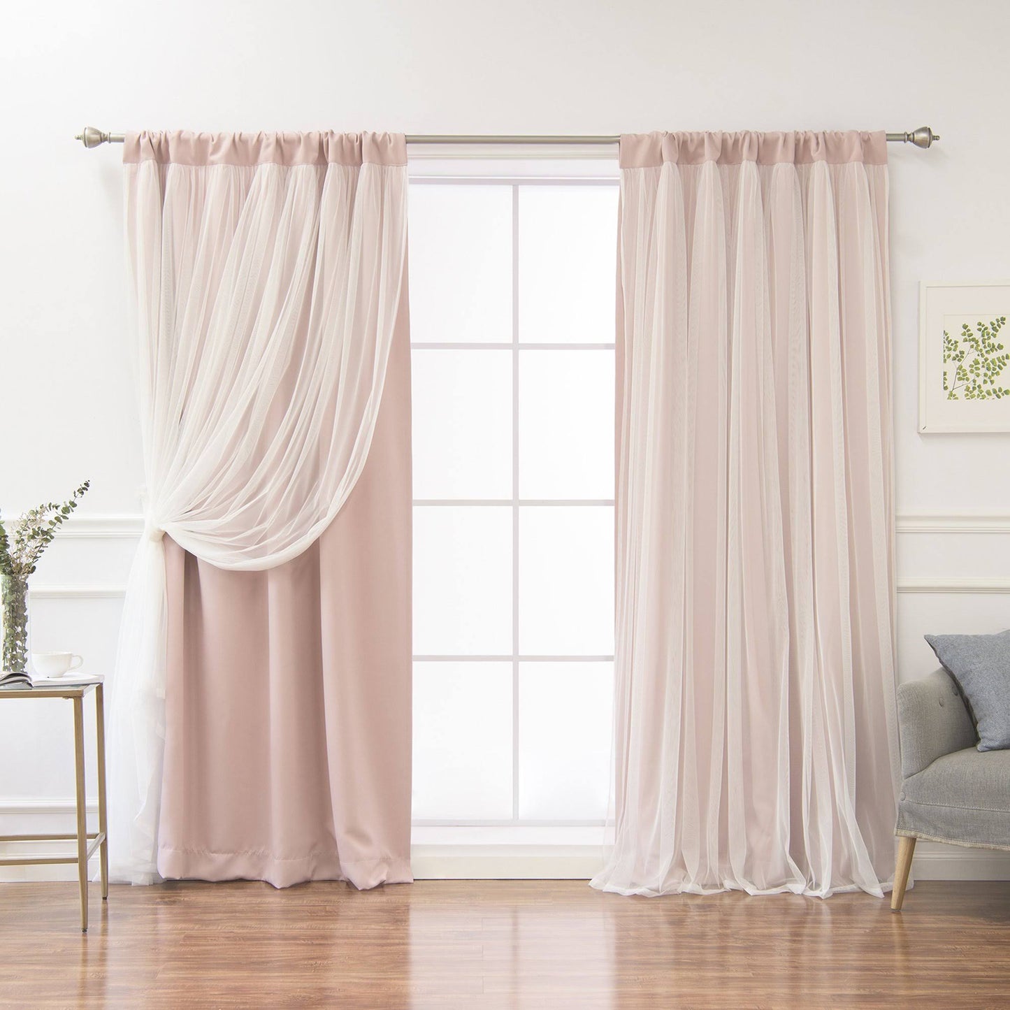 Best Home Fashion Solid Rod-Pocket Blackout with Tulle Overlay Curtain Panel Pair Dusty Pink WVD1_Z4OIE96