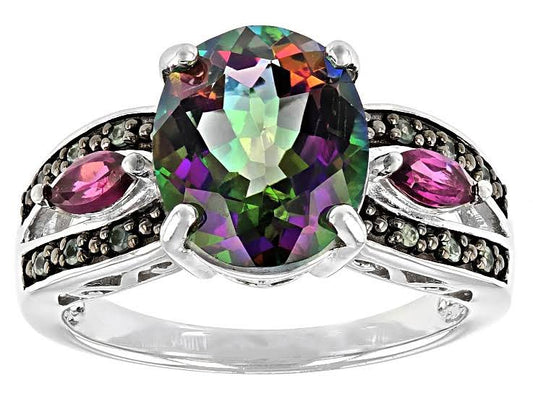 5.17ctw Mystic Topaz with Orissa Alexandrite and Rhodolite Rhodium Over Sterling Silver Ring - Size 7 WFV9_Y8KDQ66