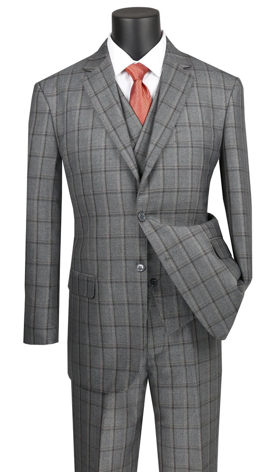 Vinci Mens Atrani Collection - Regular Fit Windowpane Suit 3 Piece in Gray 42 Long - 36 Waist / Gray MUZ5_Q6DIJ76