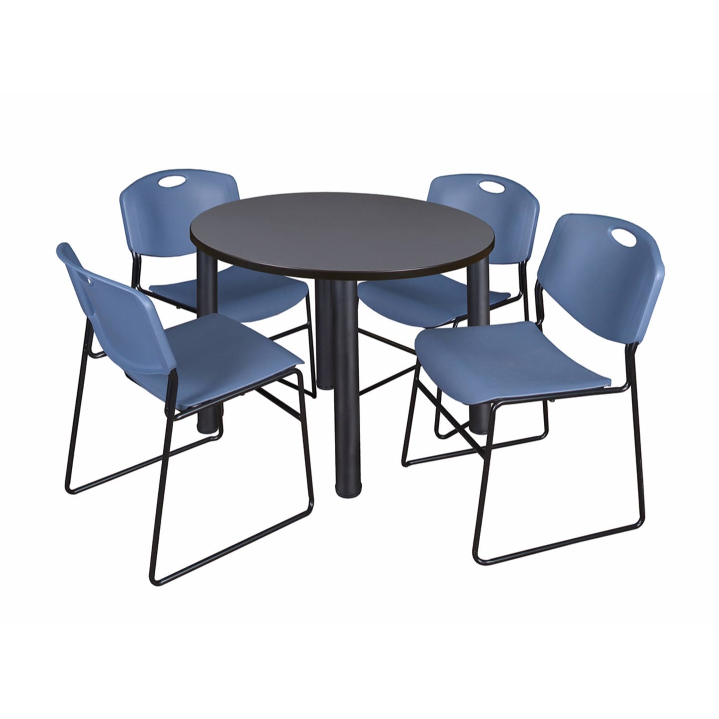 Regency Kee 36x22 Round Breakroom Table- Grey/ Black  4 Zeng Stack Chairs- Blue LWI6_Z1UDL28