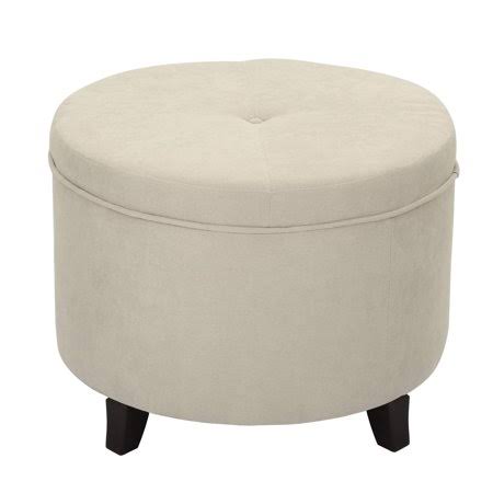 Adeco Round Ottoman, Fabric Foot Rest and Seat, Modern Button Tufted, Wood Legs, Height 17 inch Cream White REB1_R5FCN55