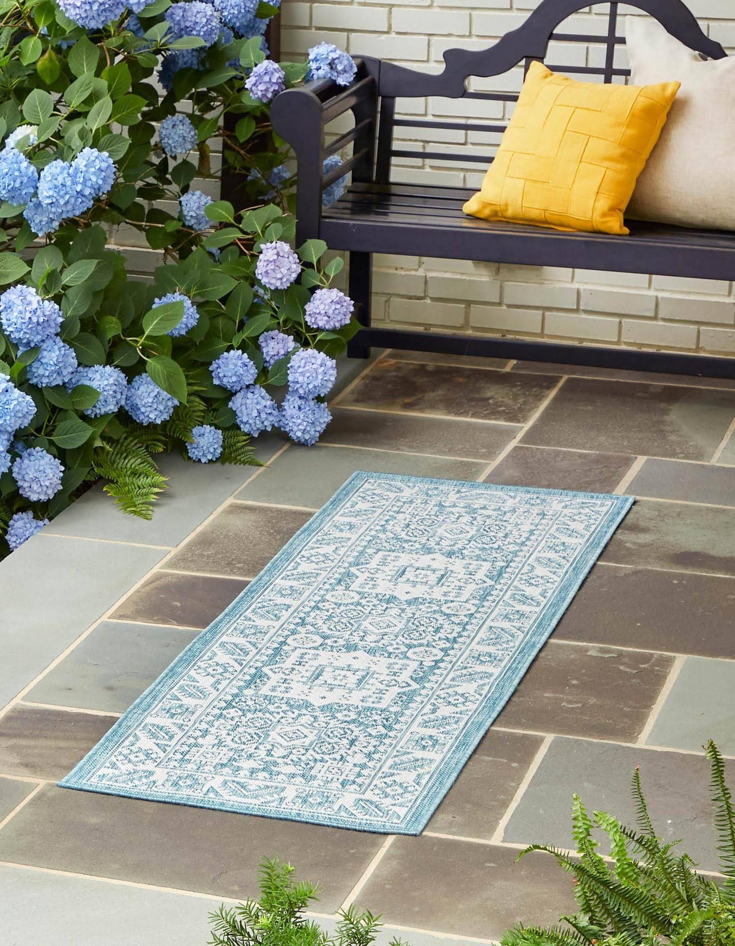 Outdoor Aztec 12 ft Runner Aqua Blue Area Rug Indoor Outdoor Rug TNU4_K4KGW90