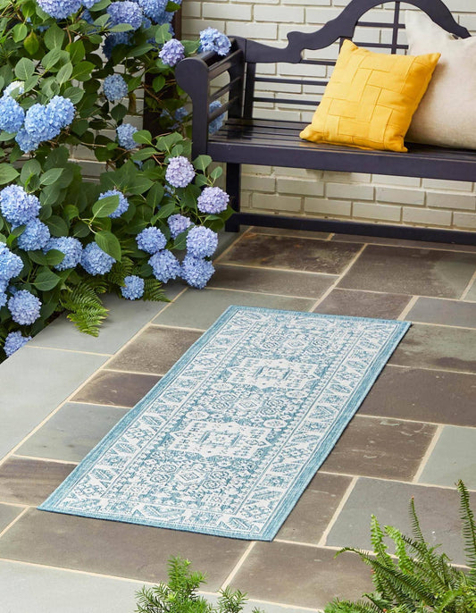 Outdoor Aztec 12 ft Runner Aqua Blue Area Rug Indoor Outdoor Rug TNU4_K4KGW90