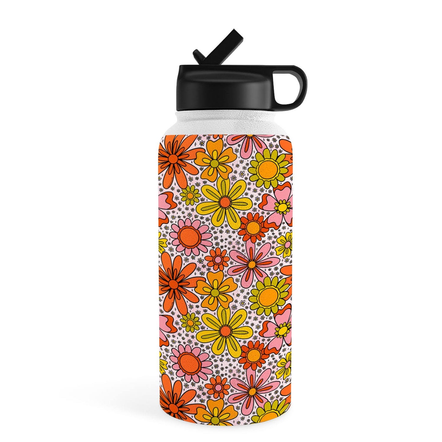 Doodle by Meg Groovy Flowers in Pink 32 oz Water Bottle with Straw Lid - Society6 QUR1_V6CDA35