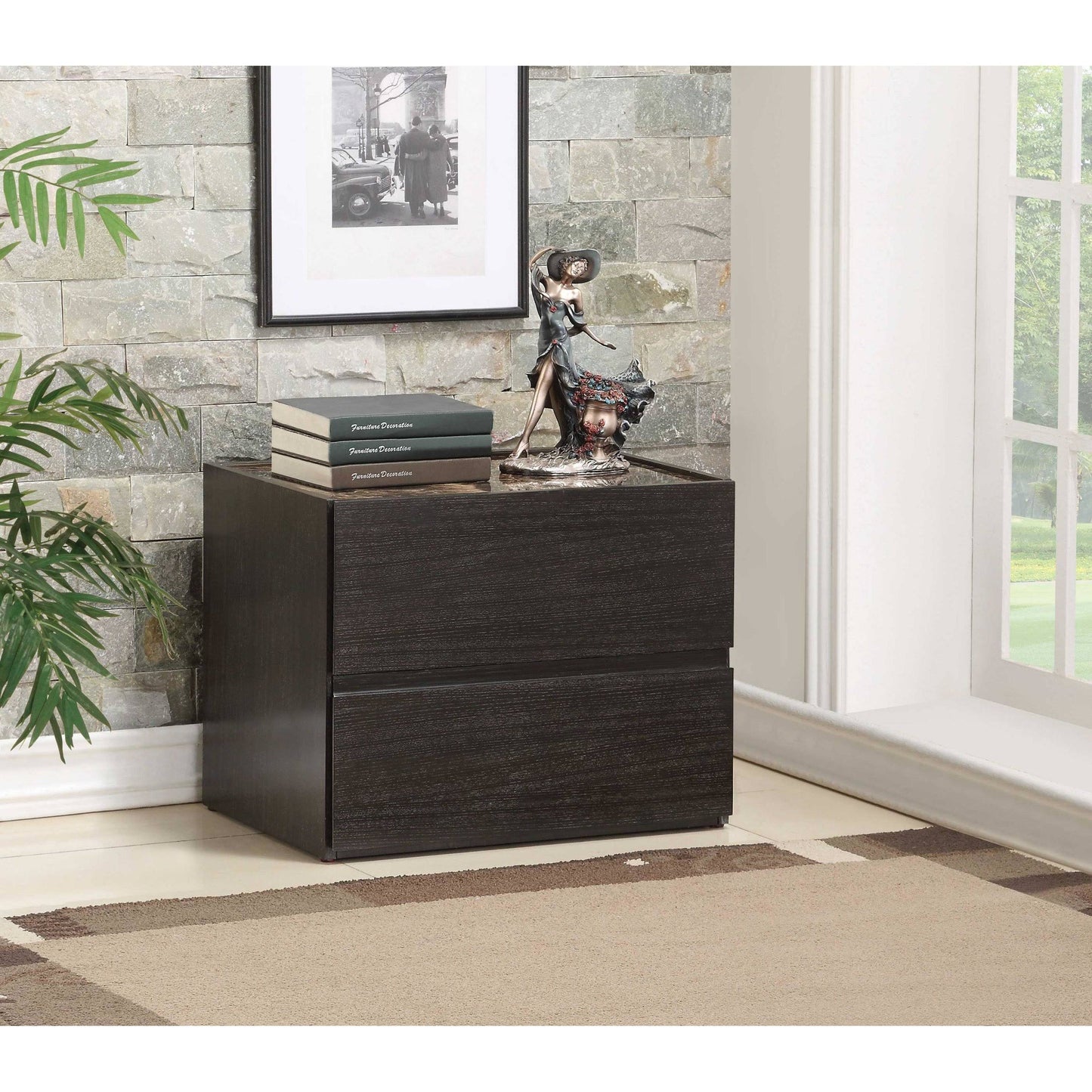 Two Drawers Wooden Nightstand with Faux Marble Top Espresso Brown QBC8_W9YZP22