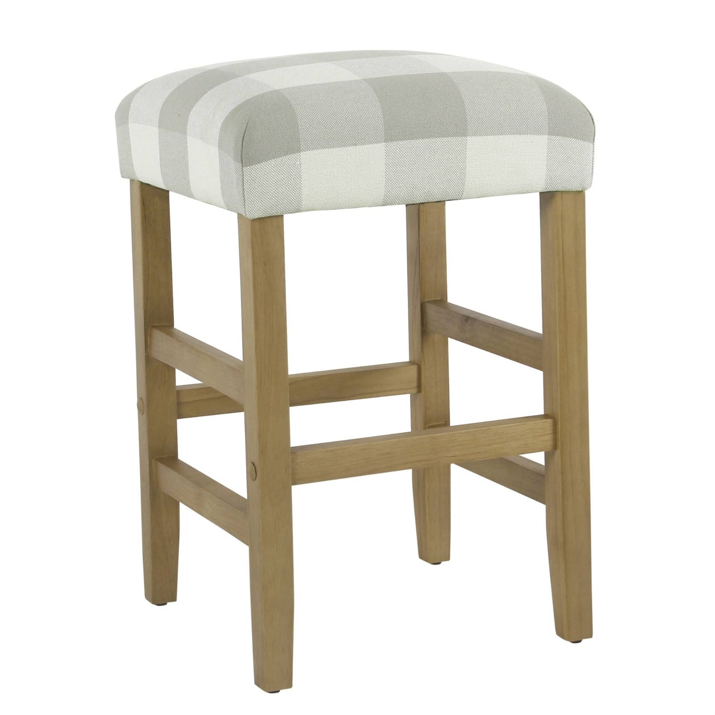 Benzara Square Wooden Counter Stool with Buffalo Plaid Fabric Upholstered SEAT, Gray and White RLS9_R3XNA29