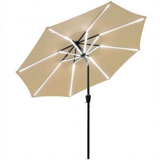 9ft Solar LED Market Umbrella with Aluminum Crank Tilt 16 Strip Lights-Beige | Costway UXQ1_O2LJJ47