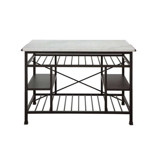 Benjara BM214990 Marble Top Metal Kitchen Island with 2 Slated Shelves, Brown and White XXZ0_J4RGJ87