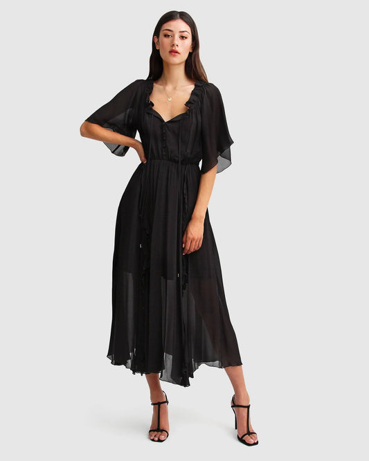 Amour Amour Ruffled Midi Dress - Black - Xs GUR0_F7PML02