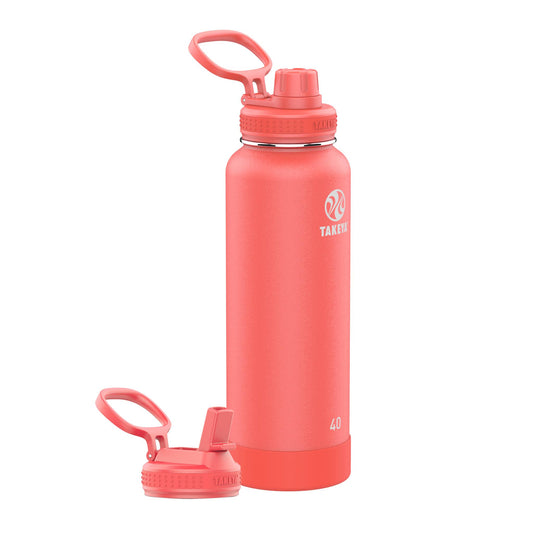 Takeya USA Actives Dual Lid Bundle - Spout Bottle with Straw Lid 40oz in Coral VCK2_N3IIU12