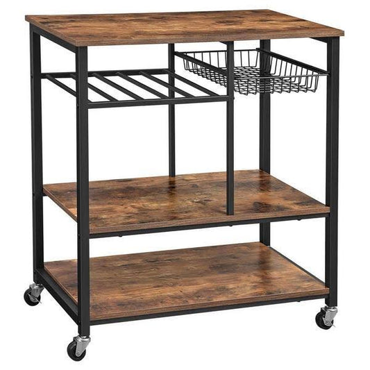 Benzara Caster Supported Wood and Metal Kitchen Cart with 3 Shelves VRZ0_I8WKS25