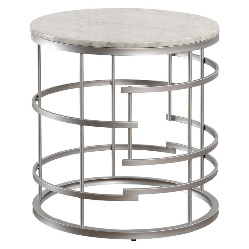 Pemberly Row Round Faux Marble Top End Table in Silver PQG8_N9IDD77