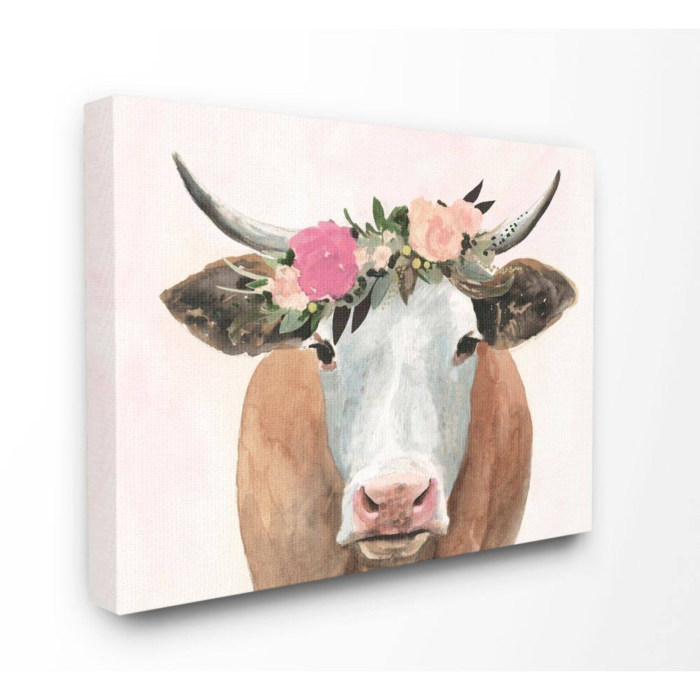 Stupell Industries Springtime Flower Crown Farm Cow with Horns Canvas Wall Art by Victoria Borges, Size: 36 x 48 ASE6_W4JHX64