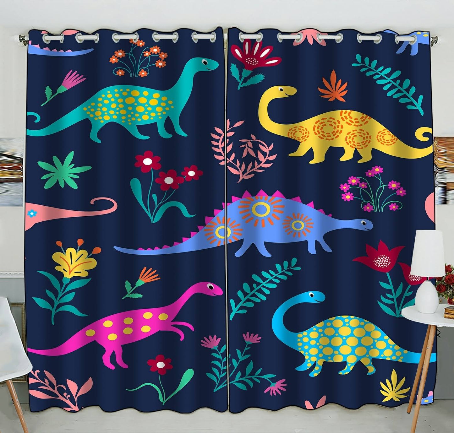 Dinosaurs Colorful Cartoon Animals Window Curtain Kitchen Curtain Window Drapes Panel AXM8_F4HCV98