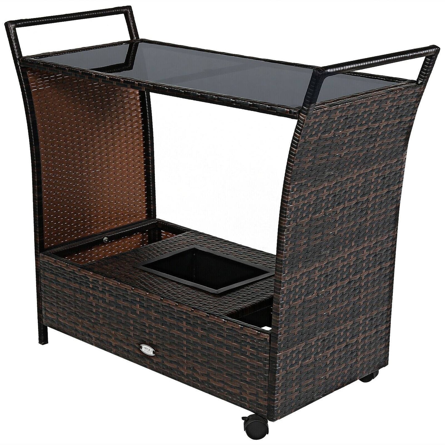 Patio Rattan Bar Serving Cart with Glass Top and Handle - Brown HPB6_I7IJW81