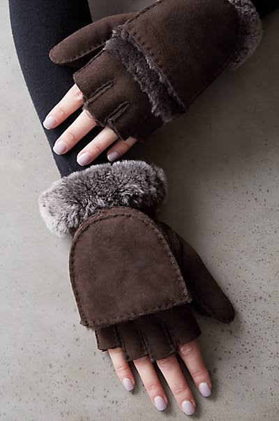 Womens Carob Spanish Sheepskin Fingerless Gloves with Mitten Flap | Overland LUT6_S8HXG73