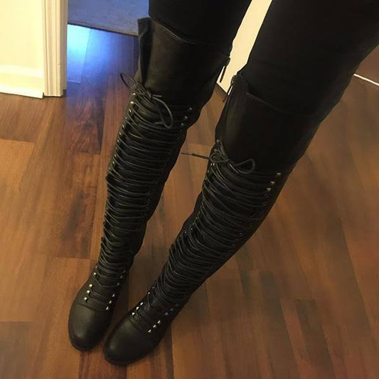 Shoestee Camel PU Cross Strap Block Heel Knee High Boots Black-6 PWW6_Y6CAB48