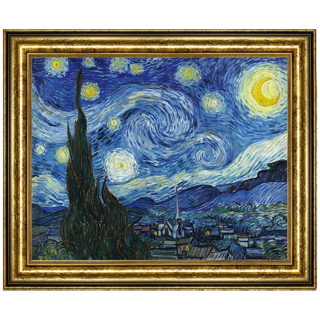 The Starry Night by Vincent Van Gogh Oil Painting Gold Frame 29 x 24 Print on Canvas - Wood WIE8_F3WRS62