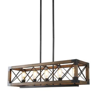 5-Light Farmhouse Rectangle Wooden Linear Chandelier Slopped Ceiling Lighting Gracie Oaks SEM5_G1KXR62