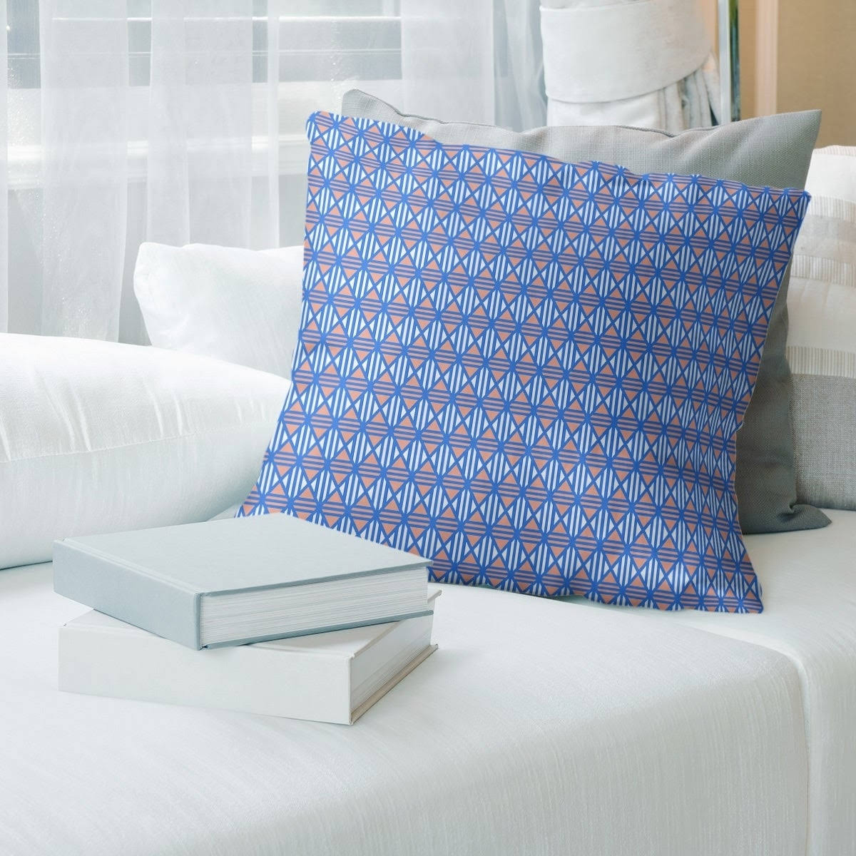 Blue Feature Two Color Lined Diamonds Throw Pillow - 18 x 18 - Blue  Orange - Synthetic Fiber NCE5_F0MAJ53