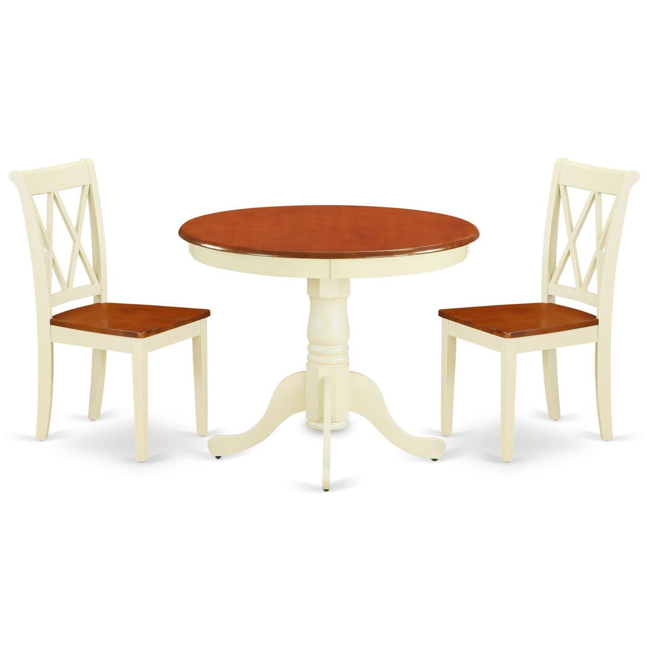 East West Furniture ANCL3-BMK-W 3PC Round 36 inch Table and 2 Double x Back Chairs TBC9_P2KXW46