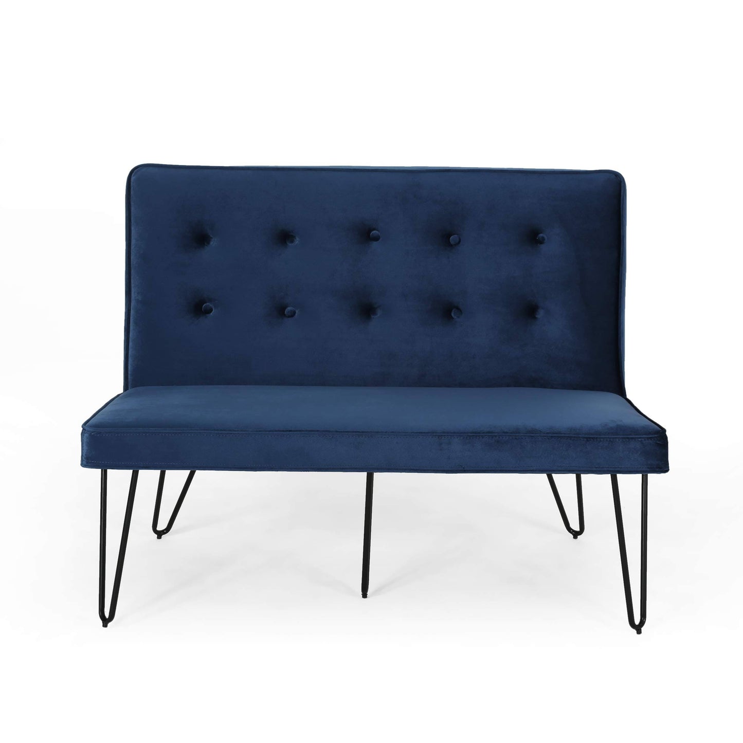 Christopher Knight Home Beatrice Minimalist Dining Bench Settee with Tufted Velvet Cushion and Iron Legs-Cobalt and Black RBO0_H6BJT37