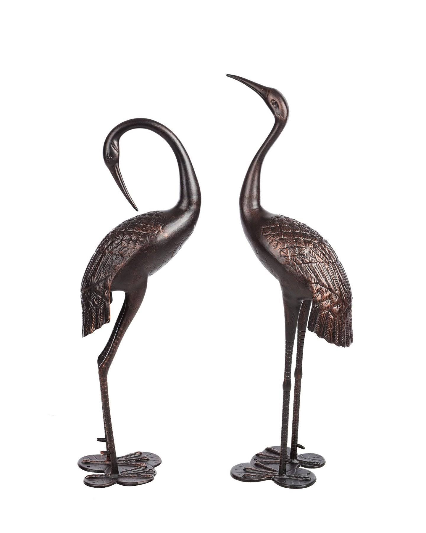 Pier Surplus Antique Bronze Garden Crane Pair Statue - Upright and Preening Sculpture Set GD30303 WAO5_X5RRR60