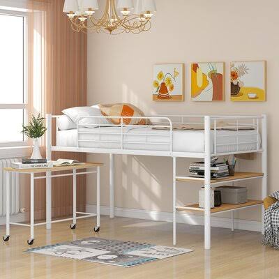 Twin Size Metal Loft Bed with Desk and Shelves Mason  Marbles Bed Frame Color: White WWE6_Q3BYN06