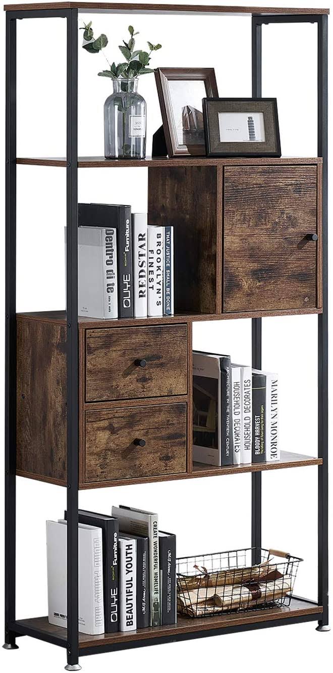 VECELO Bookcase with 2 Drawers, 4 Tiers Storage Organizer Bookshelf and Cabinet NXH8_M9QJT97