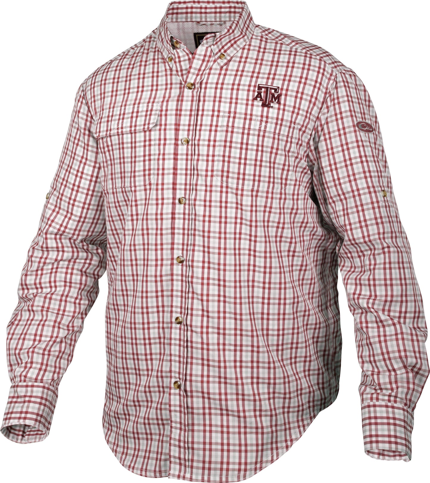 Drake Waterfowl Mens Texas AM Aggies Gingham Plaid Wingshot Long Sleeve Top Maroon/Grey Large TNW3_K3ITU70