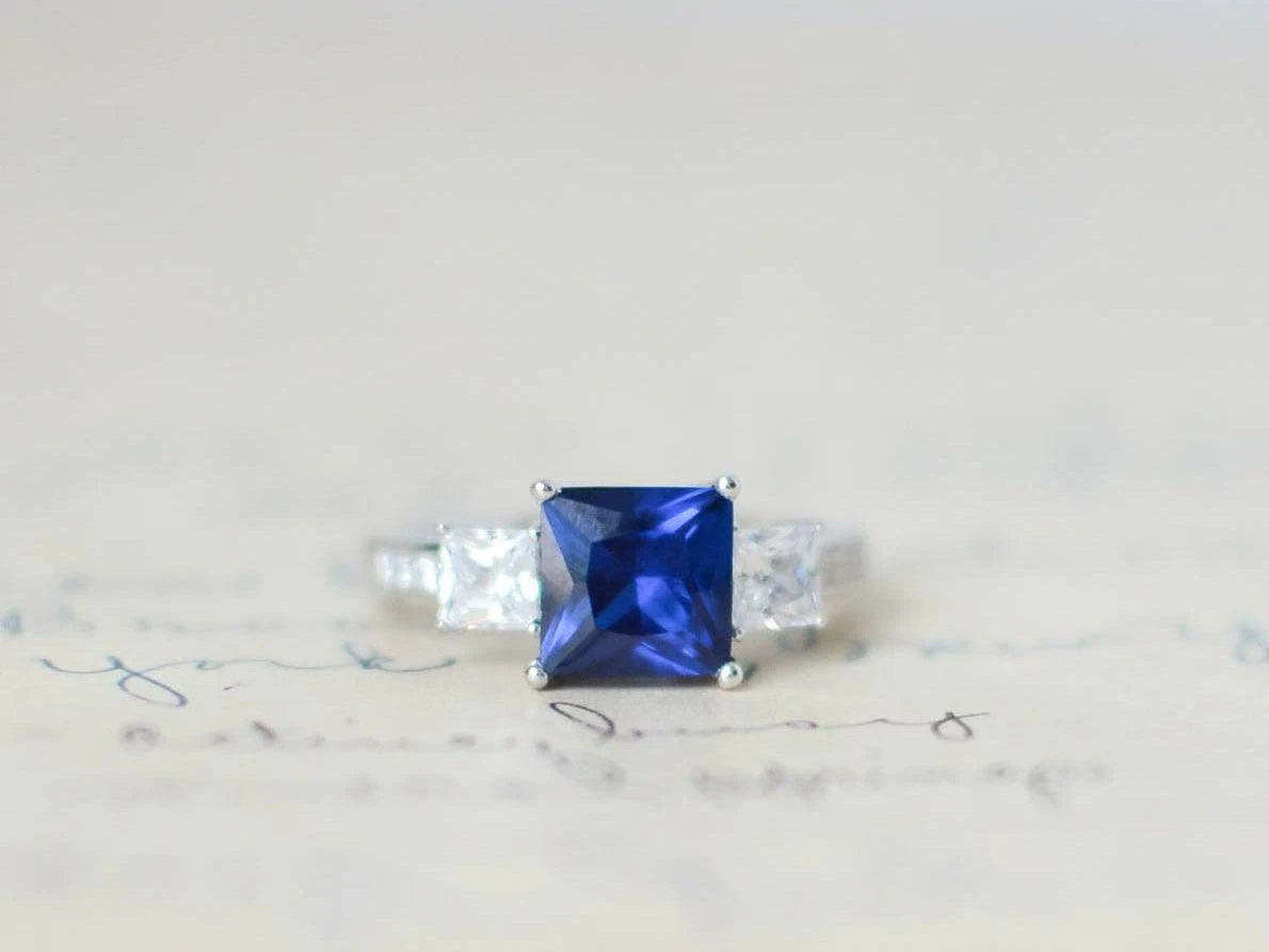 Sale - Blue Sapphire Engagement Ring - September Birthstone - 3 Stone Ring - Princess Cut - Wedding Ring - Promise Ring - Sterli YKB2_B0DYH14