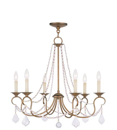 World of Crystal Chandeliers 6 Light with Clear Crystals Antique Gold Leaf Size 28inch 360 Watts WC49589 NEH4_N3KFF68