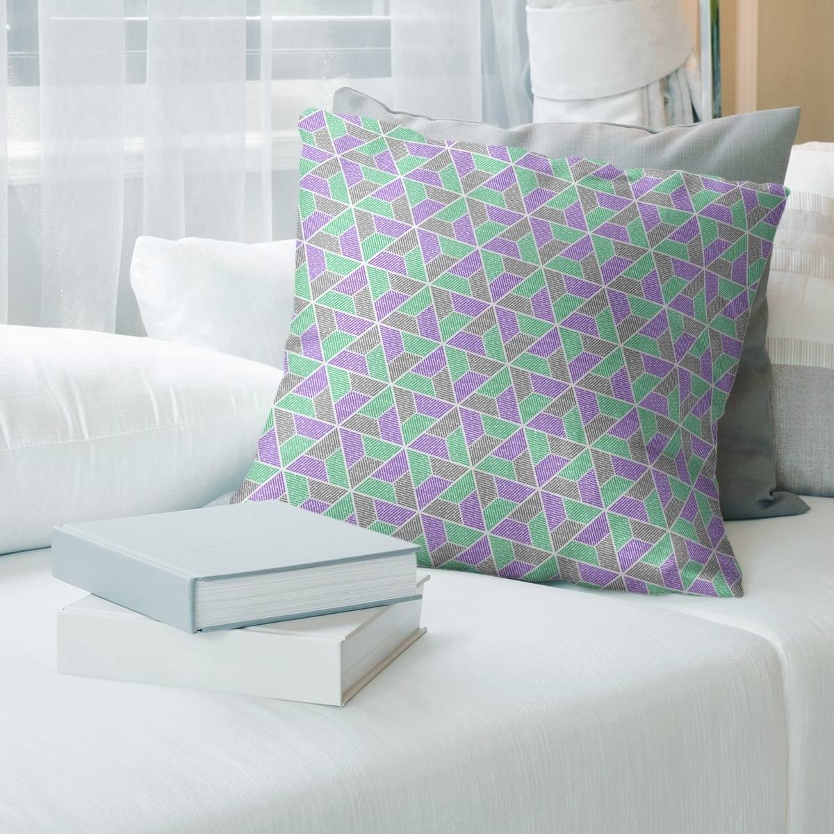 Two Color Trapezoids with Gray Throw Pillow - 14 x 14 - Green Purple  Gray - Faux Suede BQL1_R0QXD04