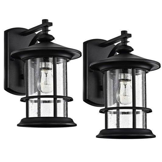 CASAINC 21.1 in. 1-Light Matte Black Vintage Outdoor Wall Lantern Sconce with Clear Seedy Glass (Set of 2) DEY7_D8EJJ99