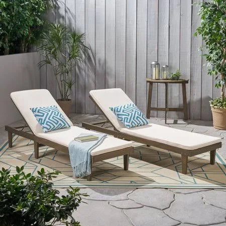 Noble House Maddison Outdoor Modern Acacia Wood Chaise Lounge with CUSHION, Set of 2, Gray and Cream UET5_O5WKF51