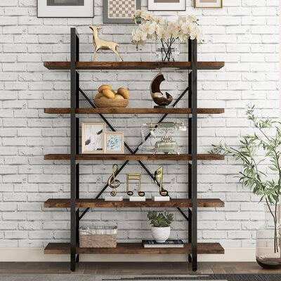 TREXM 5-Tier Industrial Bookcase with Rustic Wood and Metal Frame, Large Open Bookshelf for Living Room(Distressed Brown) 17 Sto WCW6_U4VZK45